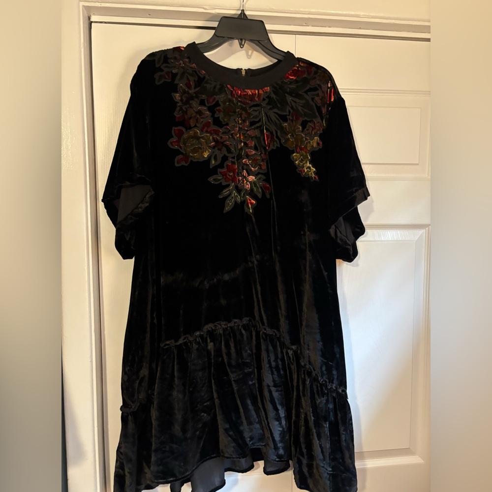 Free People Black Velvet Top with Floral Embroidery